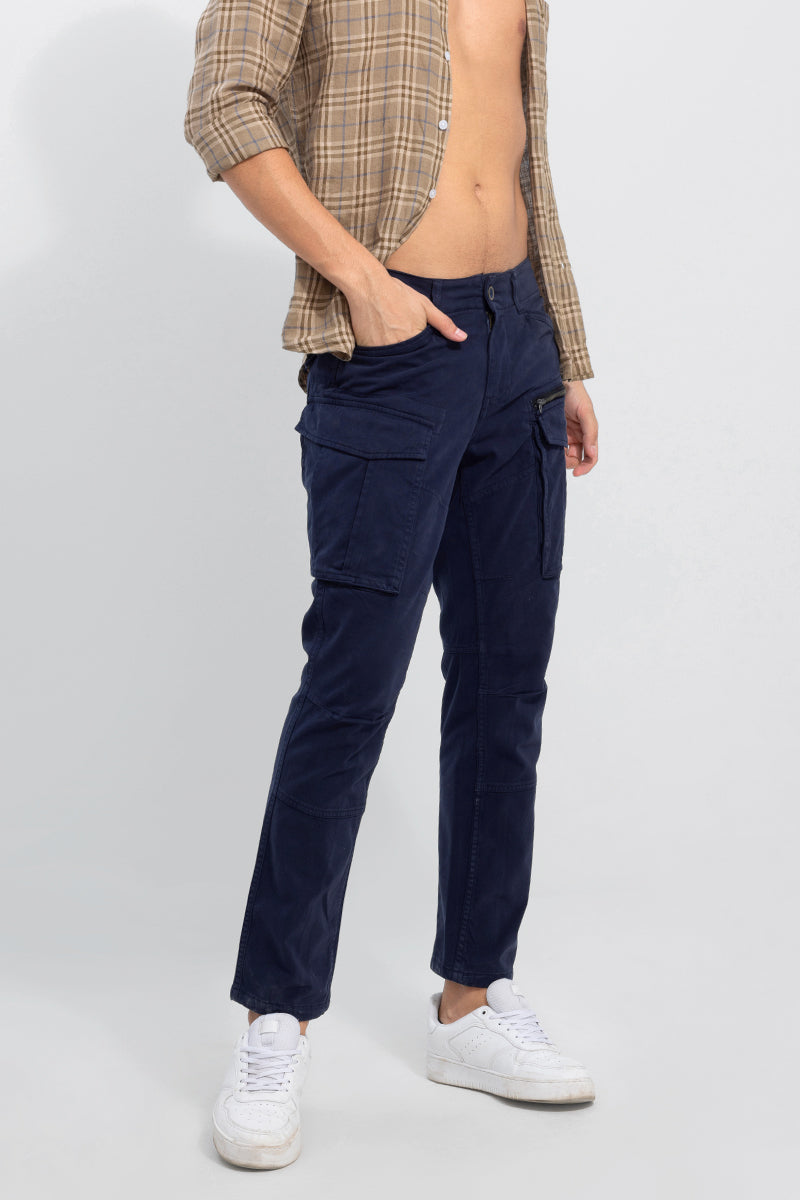Navy Wide Leg Cargo Pants with White Stitching | Lime Lush